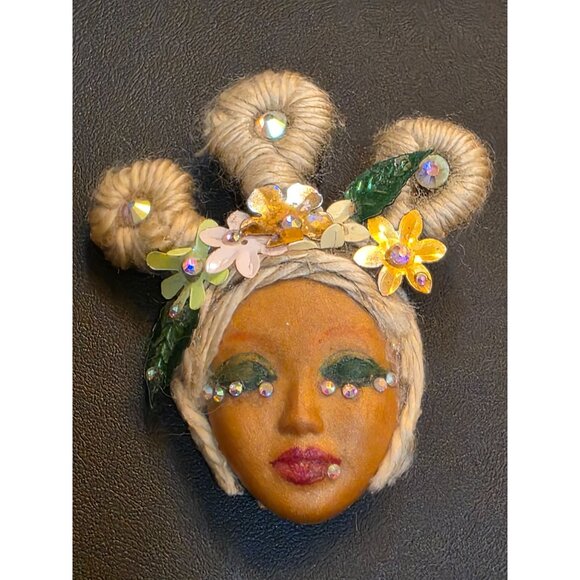 Handcrafted Face Brooch With Floral Accents & Rhinestones - Picture 2 of 10